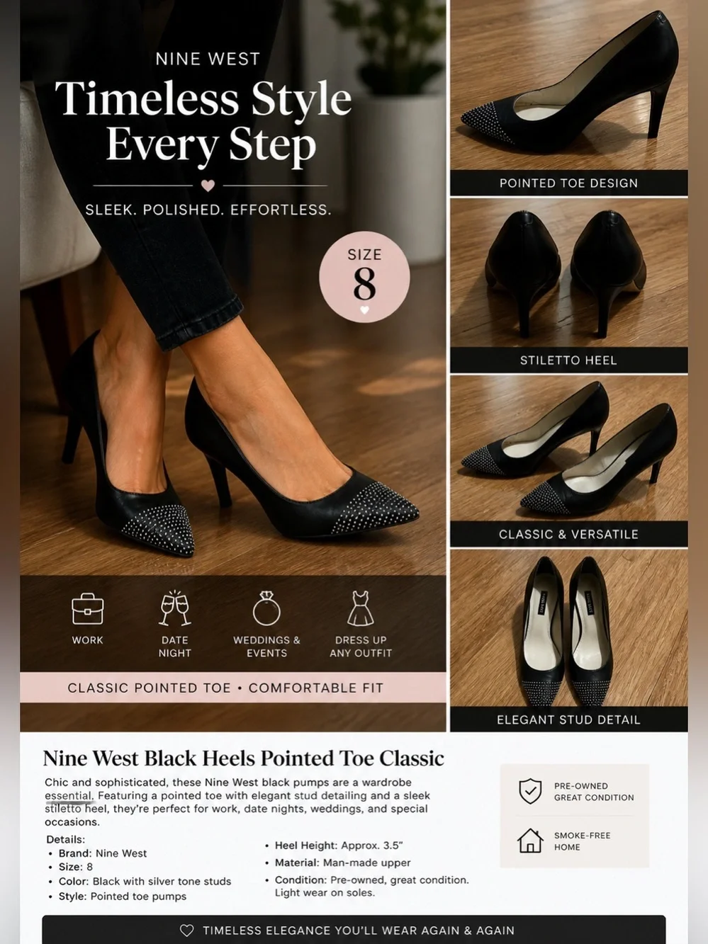 Nine West Black Heels Pointed Toe Classic Women’s Classic Pumps Size 8